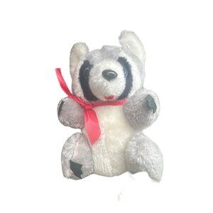 Vintage Acme Premium Supply Corp Raccoon Plush Toy Gray & Black Red Ribbon Made